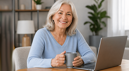 Mujer mayor usando laptop con tranquilidad
